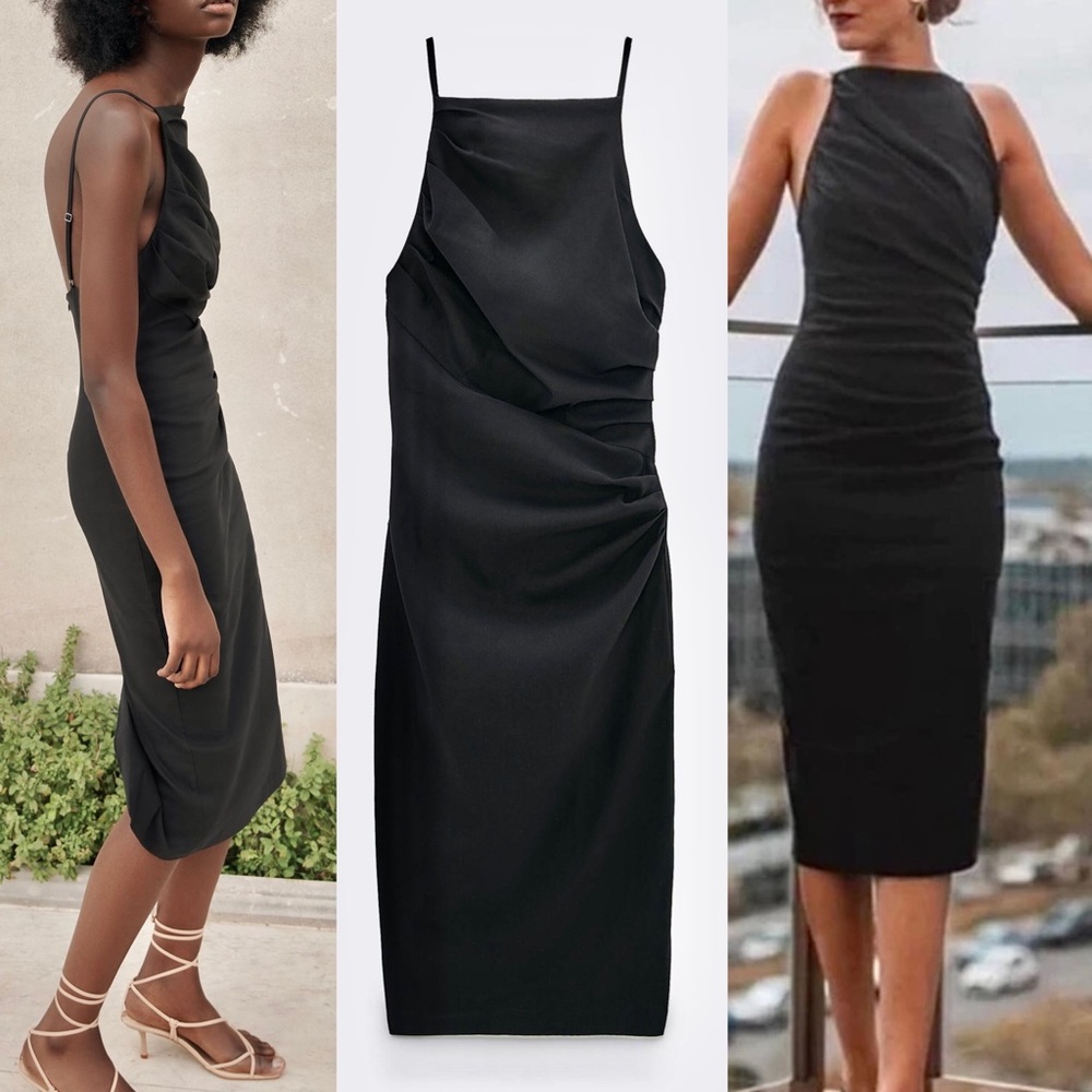 Zara NWOT square neck black ruched midi dress